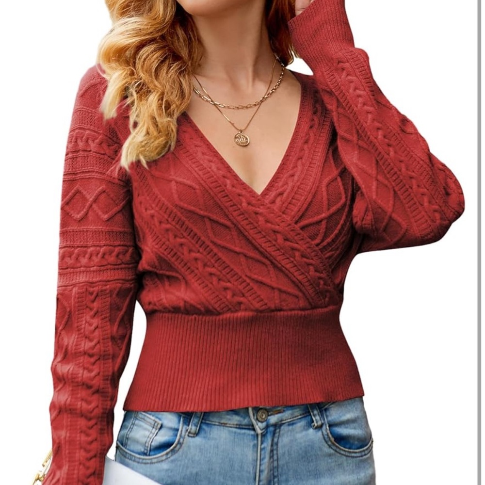 ZAFUL V Neck Cable Knit Sweater Ribbed Crop Tops Wrap Surplice Solid Jumper